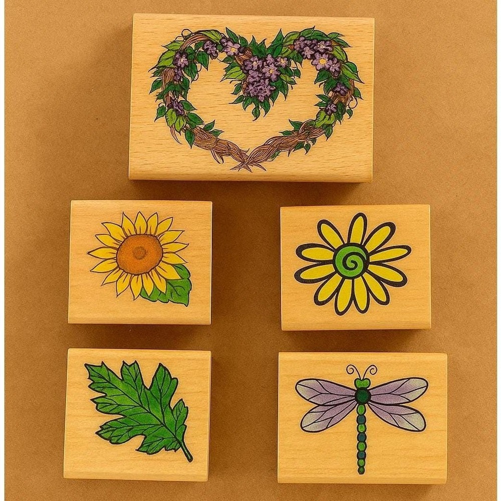 Wood Rubber Stamp Set Dragonfly Sunflower Daisy Leaf Set of 5